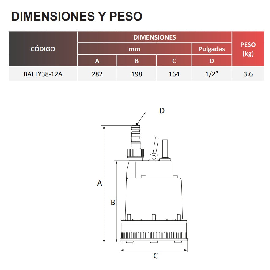 Medidas Bomba de Achique Corriente Directa l 1/2" l 12VDC