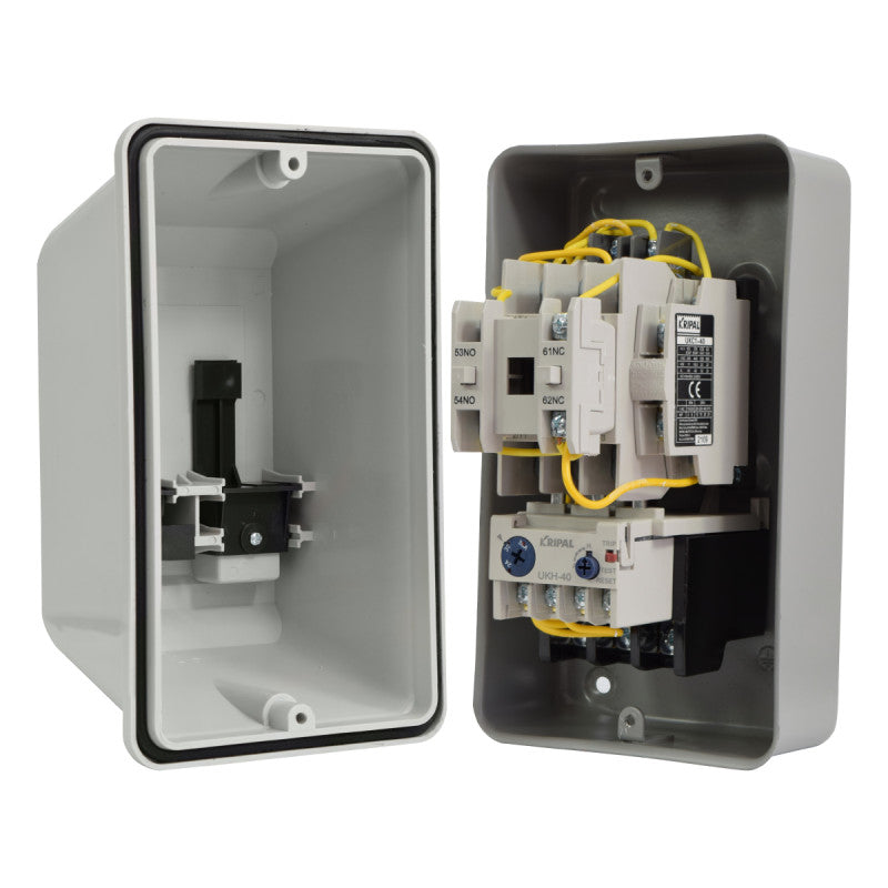 Arrancador Directo KRIPAL l 24 - 36Amp l 220VAC l Base Metálica + Cubierta Plastica l IP-44 l Mod. UKQ-40MB