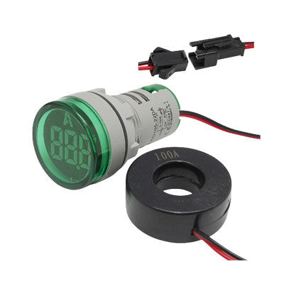 Luz Piloto Indicador Redondo l Corriente l 22mm l 220VAC l Rango de 0-100A l Verde