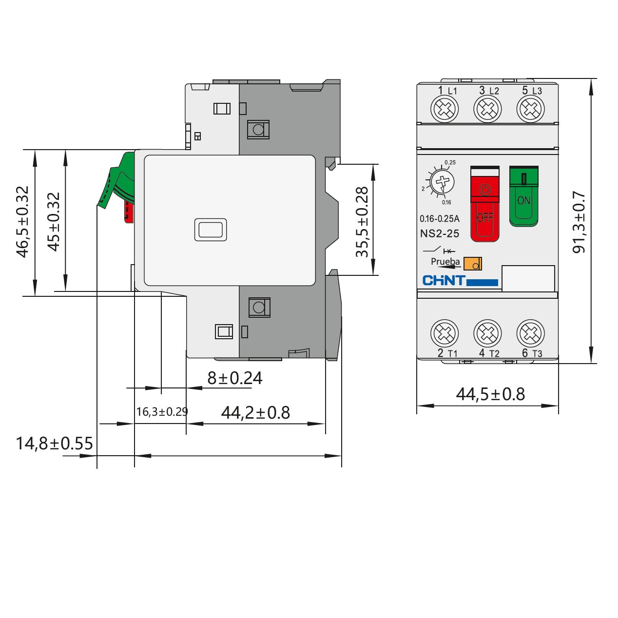 Medidas Guardamotor CHINT NS2-25 13 - 18 Amperios