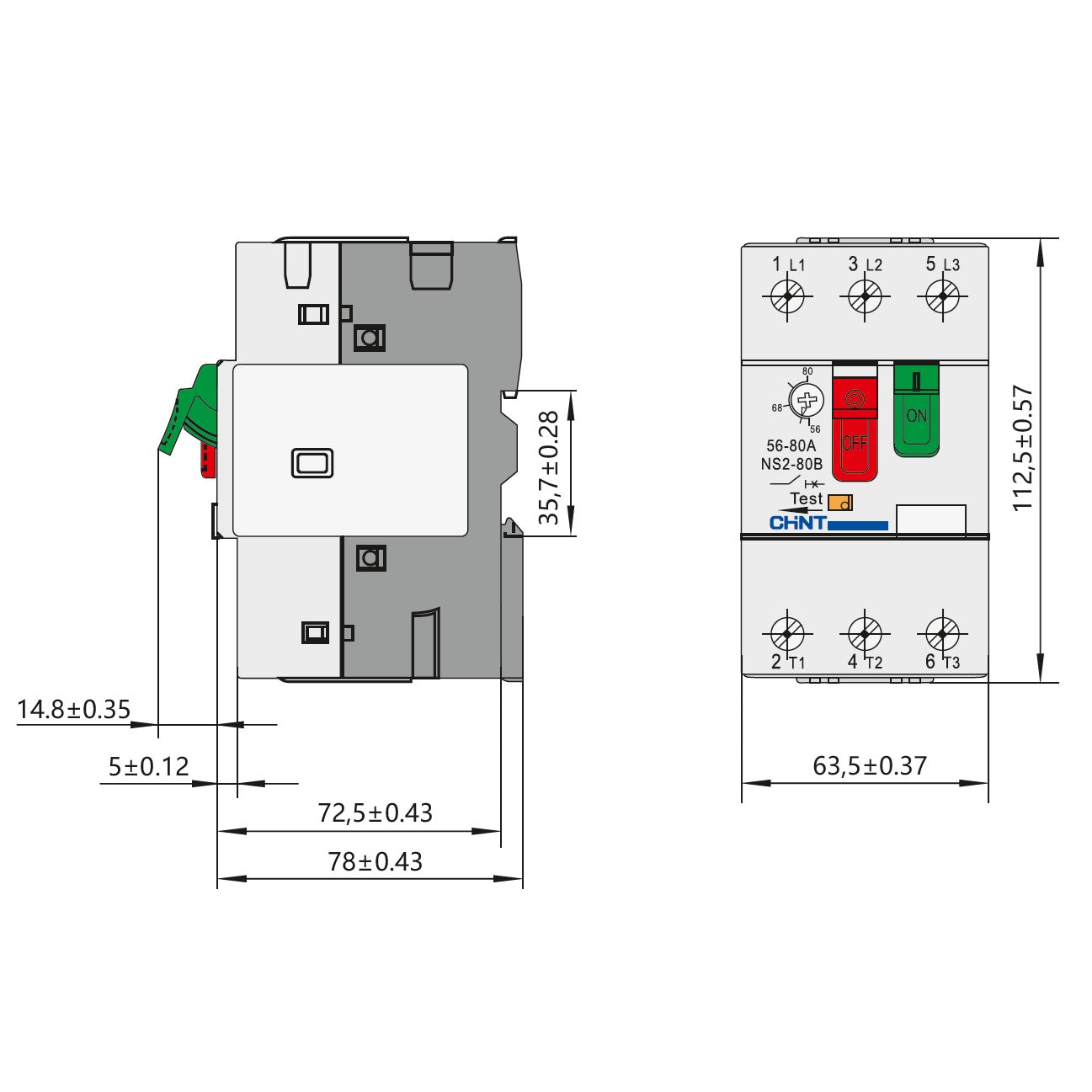Medidas Guardamotor CHINT NS2-80B 56 - 80 Amperios