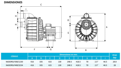 Bomba de Piscina para Nado Contracorriente ESPA NADORSELF l 4 HP l 220 / 440V l 2-1/2" X 2-1/2" l 266 - 1366 lpm / 70,28 - 360,90 gpm l 6 - 16 m l 3 Fases