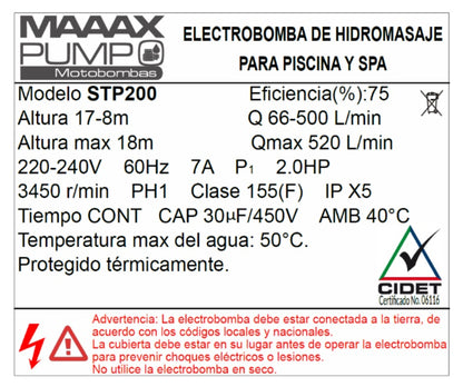 Bomba de Piscina MAAAX PUMP STP200 l 2 HP l 220V l 2" X 2" l 66 - 500 lpm l 8 - 17 m