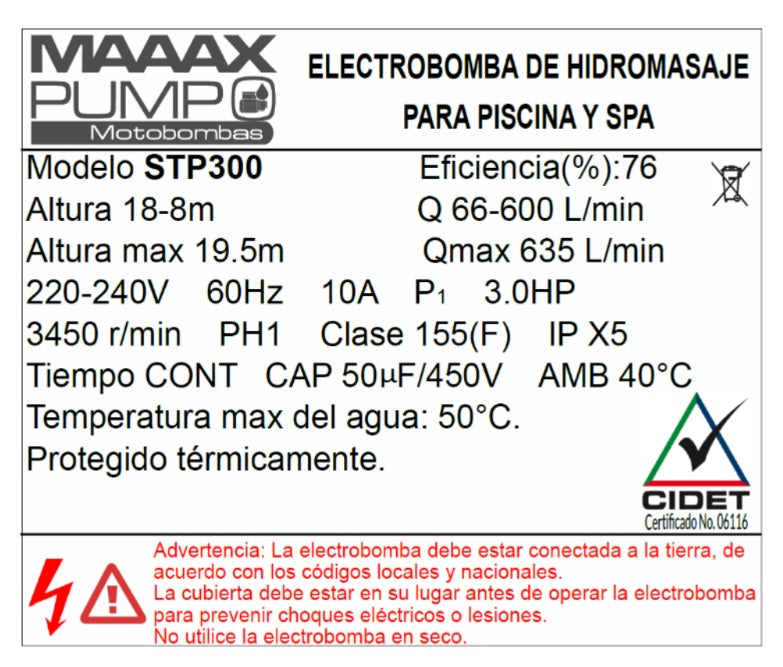 Bomba de Piscina MAAAX PUMP STP300 l 3 HP l 220V l 2" X 2" l 66 - 600 lpm l 8 - 18 m