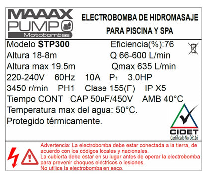 Bomba de Piscina MAAAX PUMP STP300 l 3 HP l 220V l 2" X 2" l 66 - 600 lpm l 8 - 18 m