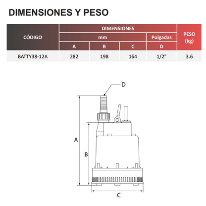 Medidas Bomba de Achique Corriente Directa l 1/2" l 12VDC