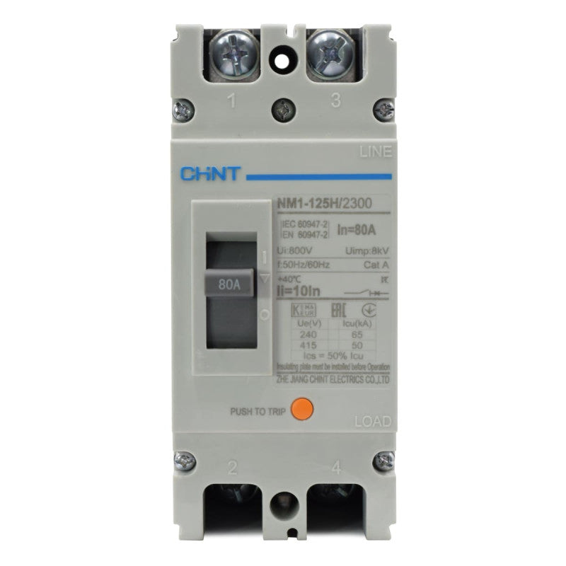 Breaker Totalizador Termomagnético l 2 Polos l 80A l 50KA / 65KA l NM1-125H l CHINT