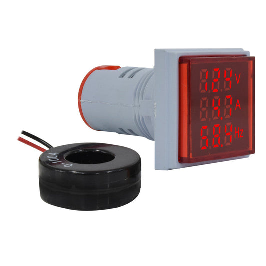 Luz Piloto Indicador cuadrado l Voltaje, Corriente, Frecuencia l 22mm l Rango de 50-500VAC/0-100A/0-80Hz l Rojo