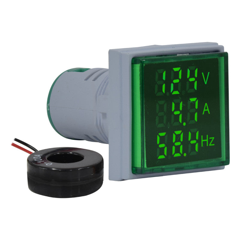 Luz Piloto Indicador cuadrado l Voltaje, Corriente, Frecuencia l 22mm l Rango de 50-500VAC/0-100A/0-80Hz l Verde