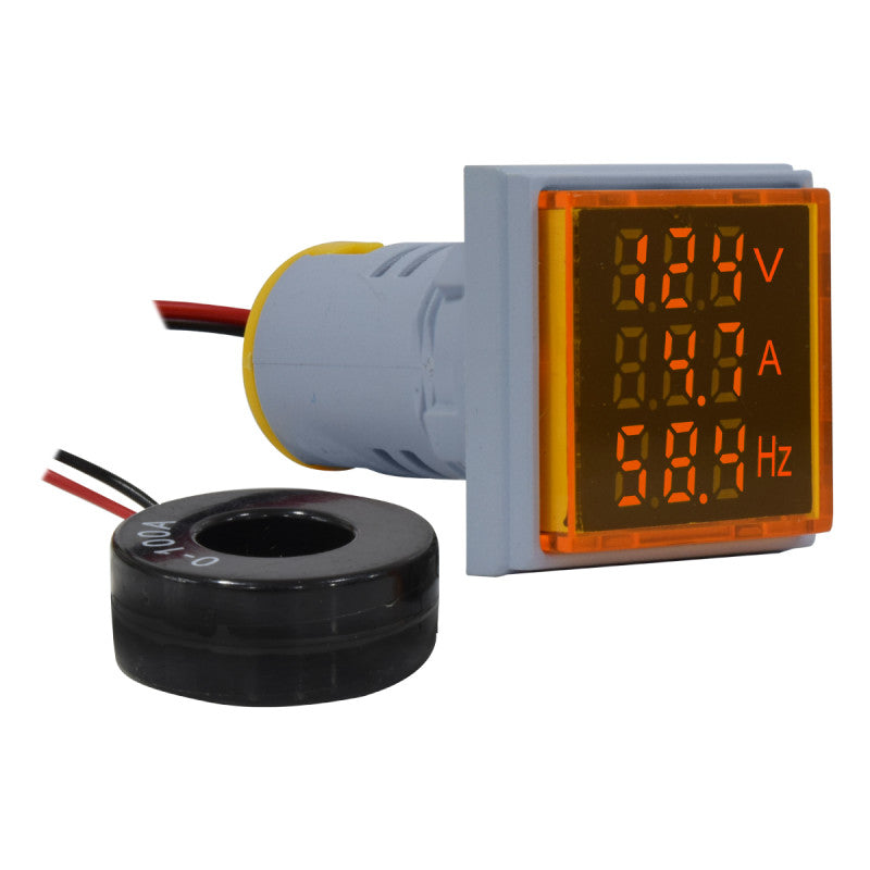 Luz Piloto Indicador cuadrado l Voltaje, Corriente, Frecuencia l 22mm l Rango de 50-500VAC/0-100A/0-80Hz l Amarillo