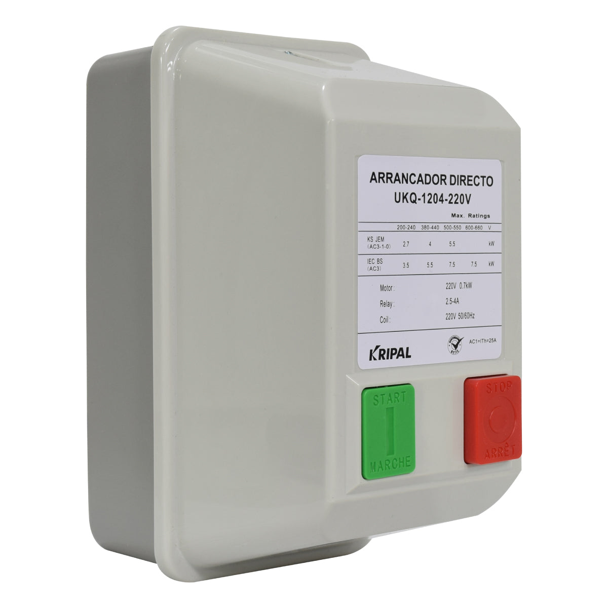 Arrancador Directo KRIPAL l 2,5 - 4Amp l 220VAC l Base Metálica + Cubierta Plastica l IP-44 l Mod. UKQ-12MB