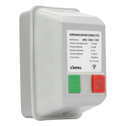 Arrancador Directo KRIPAL l 4 - 6Amp l 110VAC l Base Metálica + Cubierta Plastica l IP-44 l Mod. UKQ-12MB