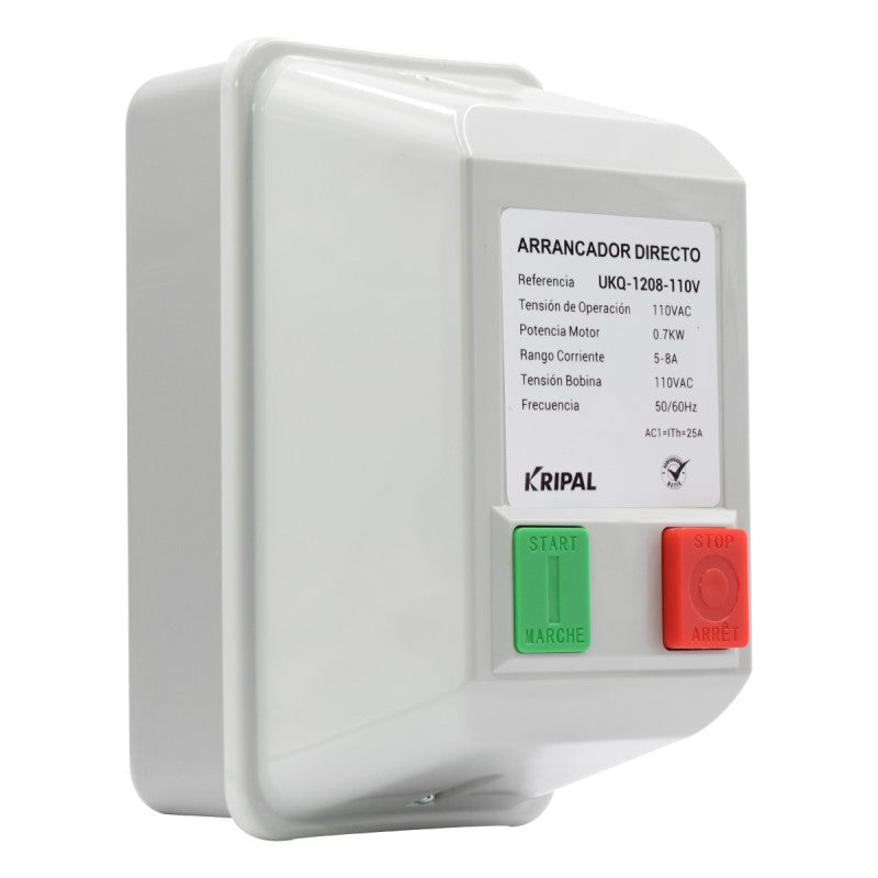 Arrancador Directo KRIPAL l 5 - 8Amp l 110VAC l Base Metálica + Cubierta Plastica l IP-44 l Mod. UKQ-12MB