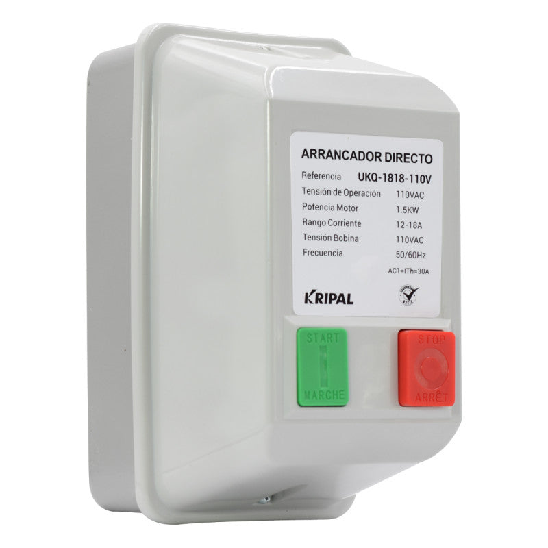 Arrancador Directo KRIPAL l 12 - 18Amp l 110VAC l Base Metálica + Cubierta Plastica l IP-44 l Mod. UKQ-18MB