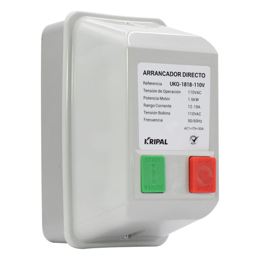 Arrancador Directo KRIPAL l 12 - 18Amp l 110VAC l Base Metálica + Cubierta Plastica l IP-44 l Mod. UKQ-18MB