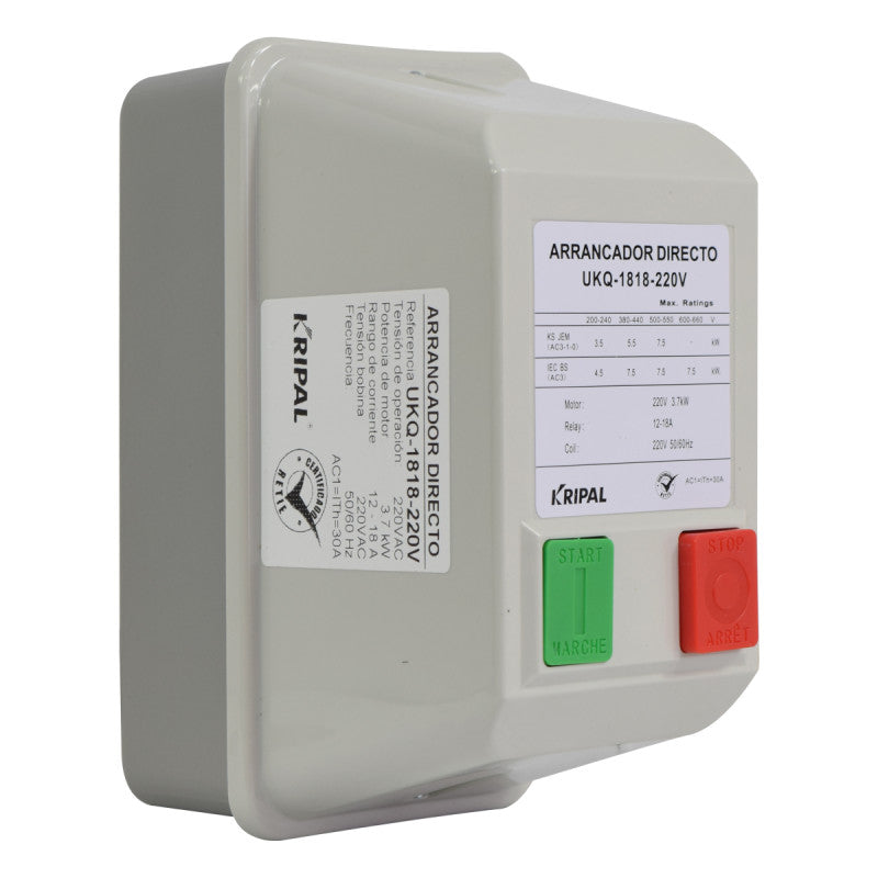 Arrancador Directo KRIPAL l 12 - 18Amp l 220VAC l Base Metálica + Cubierta Plastica l IP-44 l Mod. UKQ-18MB
