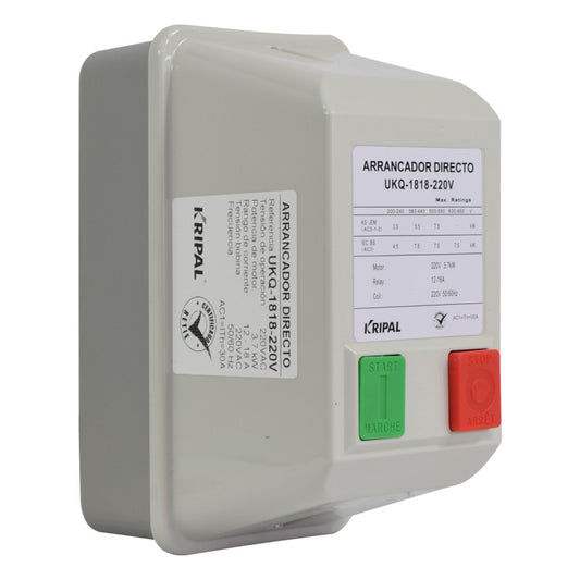 Arrancador Directo KRIPAL l 12 - 18Amp l 220VAC l Base Metálica + Cubierta Plastica l IP-44 l Mod. UKQ-18MB