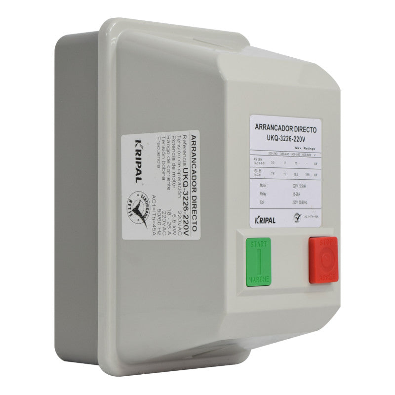 Arrancador Directo KRIPAL l 18 - 26Amp l 220VAC l Base Metálica + Cubierta Plastica l IP-44 l Mod. UKQ-32MB