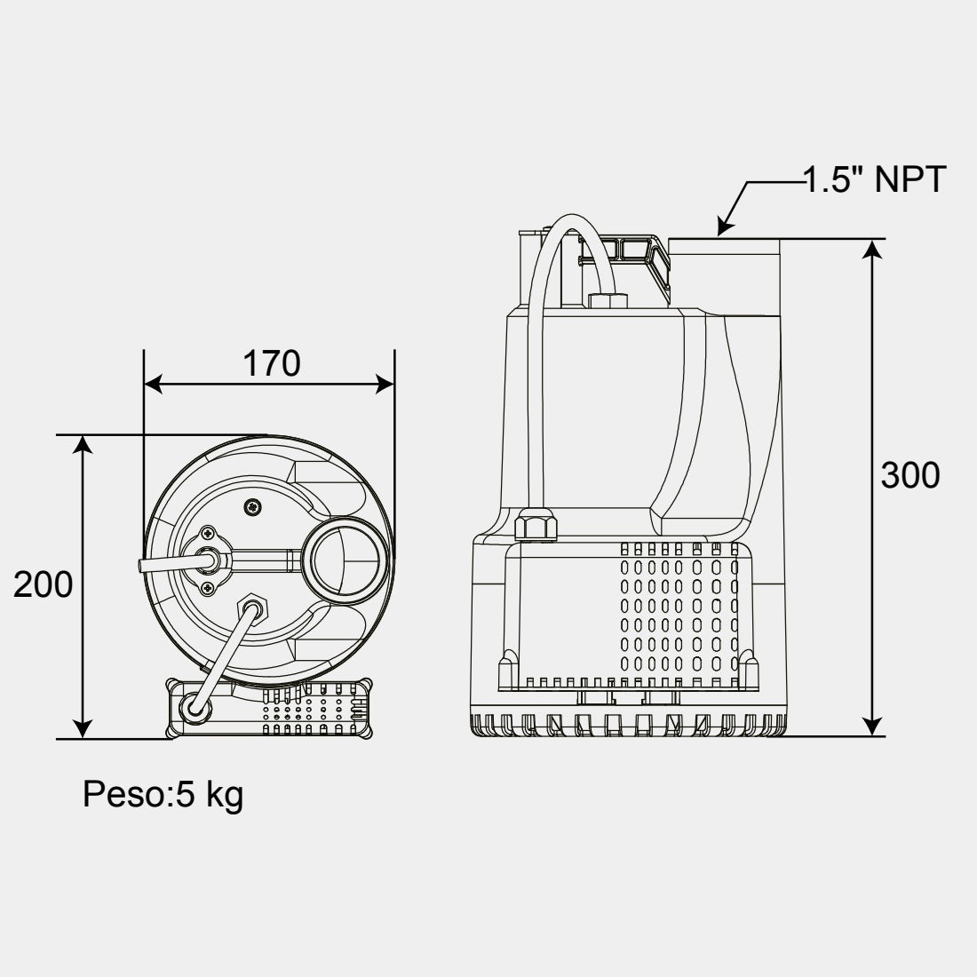 Medidas Bomba de Achique MAGNUS l 0,33HP l 1,5" l 1x127VAC