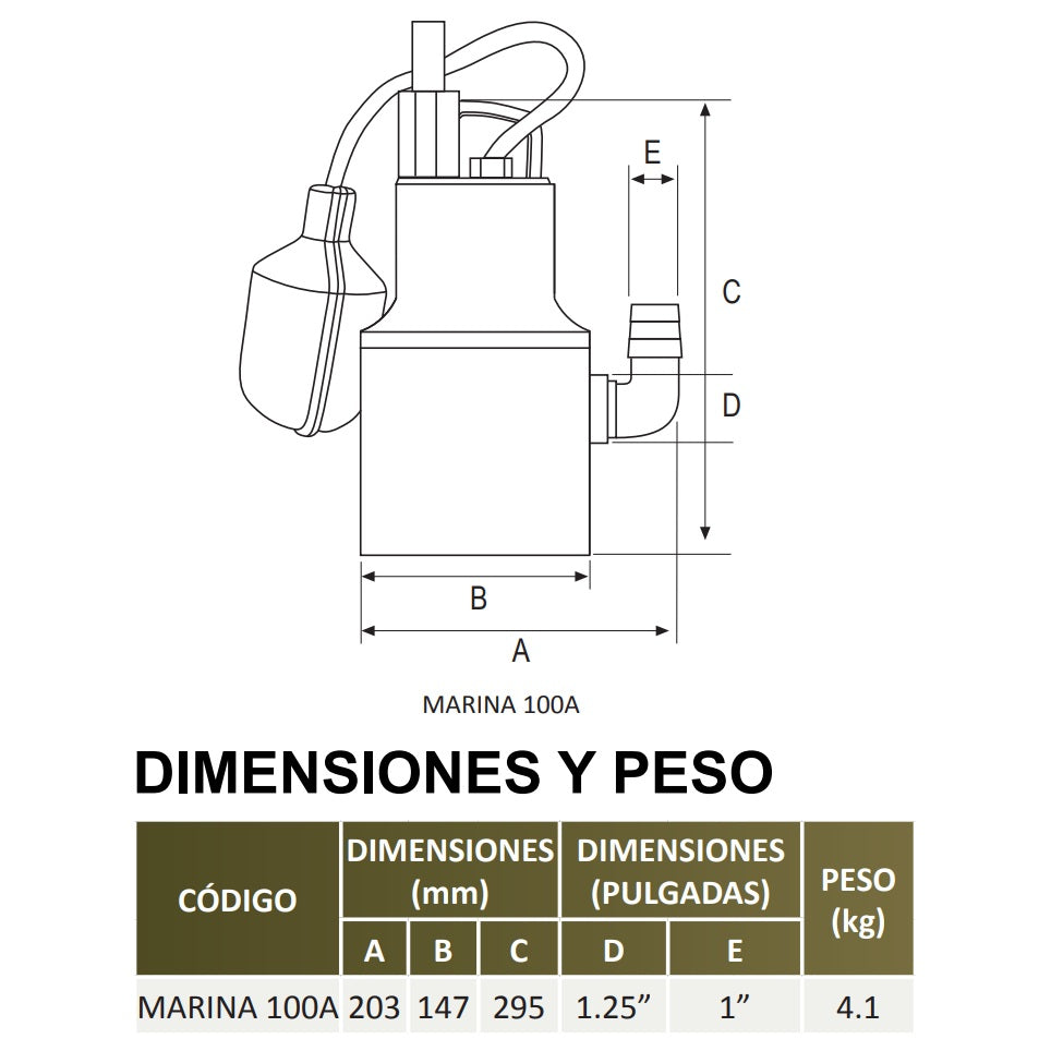 Medidas Bomba de Achique MARINA l 1/2HP l 1,25" l 1x115VAC