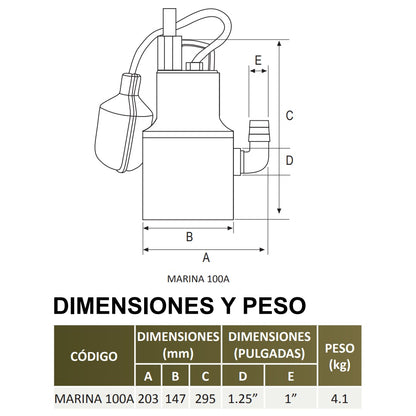 Medidas Bomba de Achique MARINA l 1/2HP l 1,25" l 1x115VAC