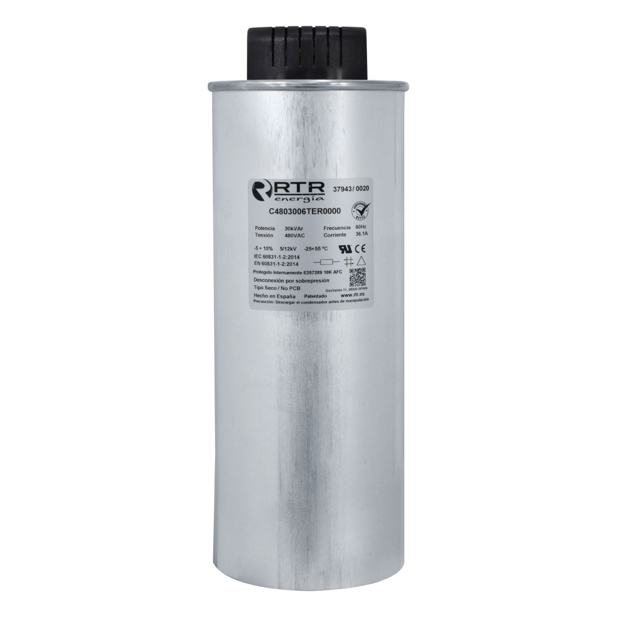 Condensador o Capacitor para Corrección del Factor de Potencia l 40KVAr l 480VAC l 3 X 153,51uF l 48,11Amp l Mod. DWCAP l RTR
