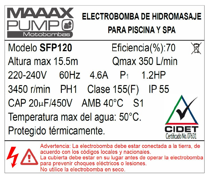 Bomba de Piscina MAAAXPUMP SFP120 l 1,2 HP l 220V l 1-1/2" X 1-1/2" l 350 lpm l 15,5 m