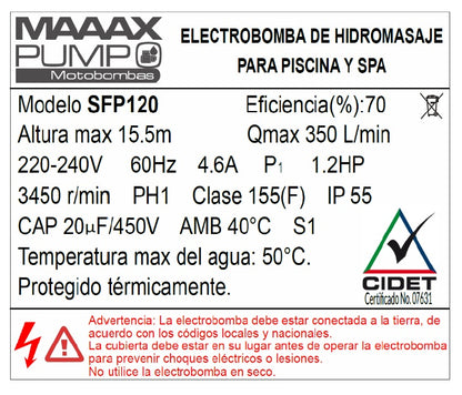Bomba de Piscina MAAAXPUMP SFP120 l 1,2 HP l 220V l 1-1/2" X 1-1/2" l 350 lpm l 15,5 m