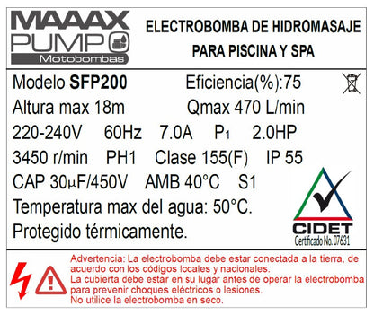 Bomba de Piscina MAAAX PUMP SFP200 l 2 HP l 220V l 1-1/2" X 1-1/2" l 470 lpm l 18 m