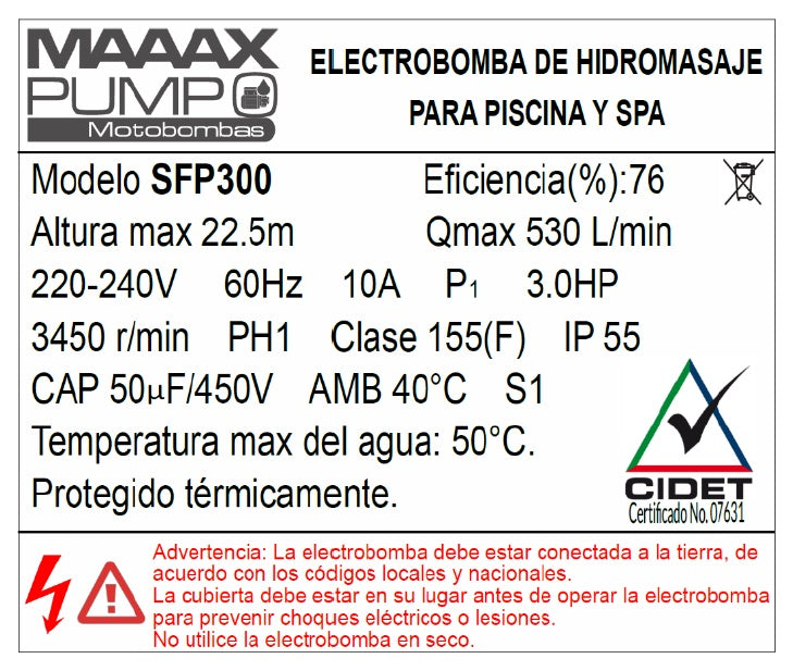 Bomba de Piscina MAAAXPUMP SFP300 l 3 HP l 220V l 1-1/2" X 1-1/2" l 530 lpm l 22,5 m