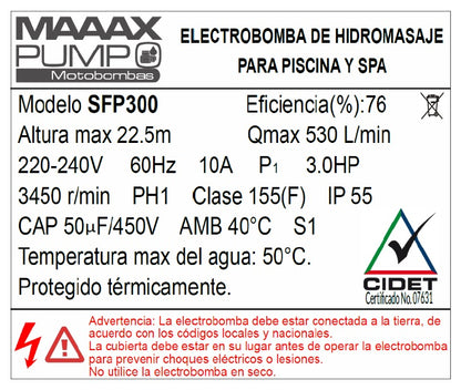 Bomba de Piscina MAAAXPUMP SFP300 l 3 HP l 220V l 1-1/2" X 1-1/2" l 530 lpm l 22,5 m