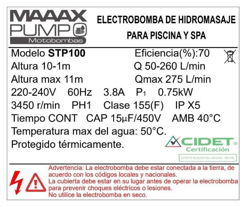 Bomba de Piscina MAAAXPUMP STP100 l 1 HP l 220V l 1-1/2" X 1-1/2" l 50 - 260 lpm l 1 - 10 m