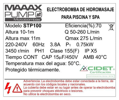 Bomba de Piscina MAAAXPUMP STP100 l 1 HP l 220V l 1-1/2" X 1-1/2" l 50 - 260 lpm l 1 - 10 m