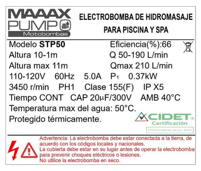 Bomba de Piscina MAAAXPUMP STP50 l 1/2 HP l 110V l 1-1/2" X 1-1/2" l 50 - 190 lpm l 1 - 10 m