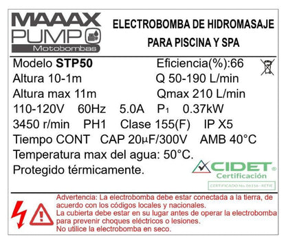 Bomba de Piscina MAAAX PUMP STP50 l 1/2 HP l 110V l 1-1/2" X 1-1/2" l 50 - 190 lpm l 1 - 10 m