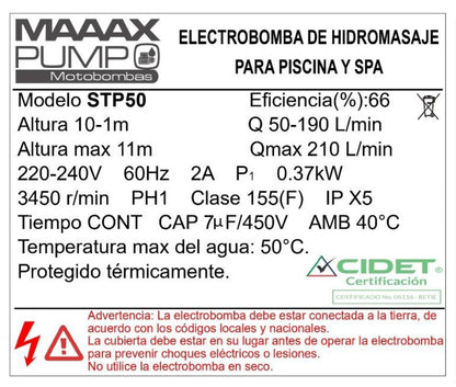 Bomba de Piscina MAAAXPUMP STP50 l 1/2 HP l 220V l 1-1/2" X 1-1/2" l 50 - 190 lpm l 1 - 10 m