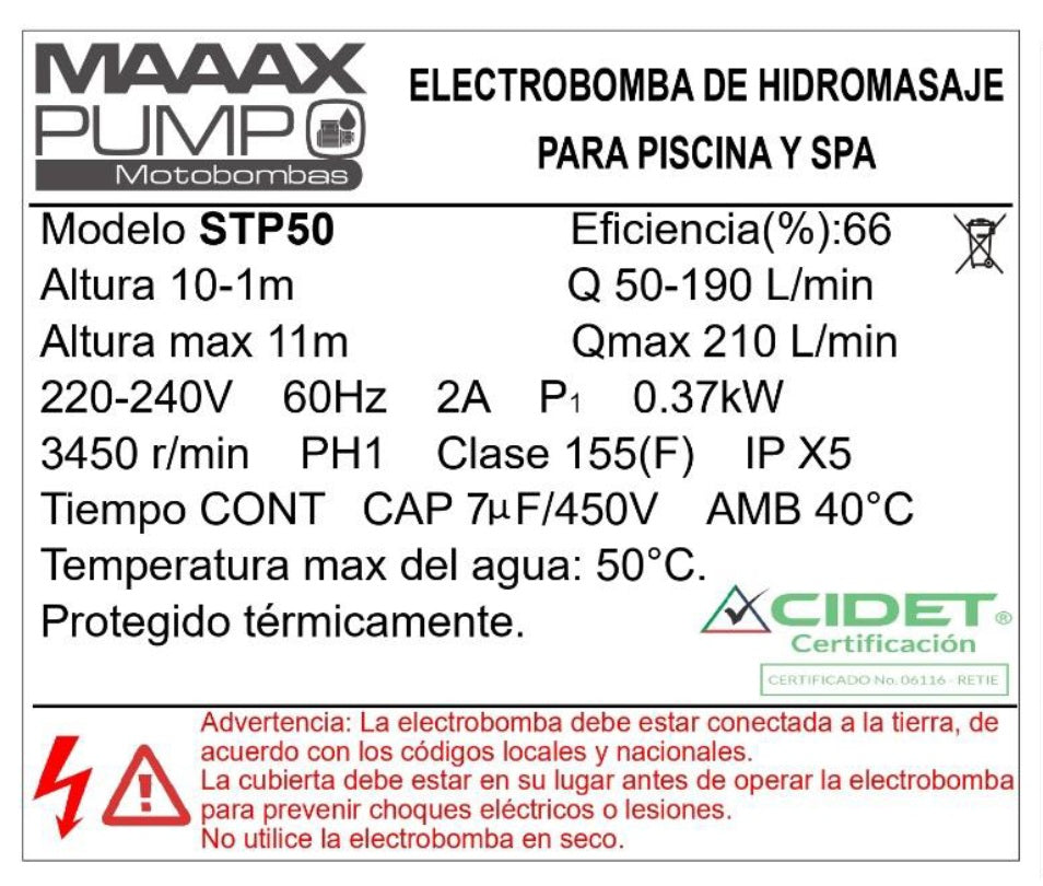 Bomba de Piscina MAAAX PUMP STP50 l 1/2 HP l 220V l 1-1/2" X 1-1/2" l 50 - 190 lpm l 1 - 10 m