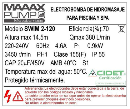 Bomba de Piscina MAAAX PUMP SWIM2-120 l 1,2 HP l 220V l 2" X 2" l 380 lpm l 14,5 m