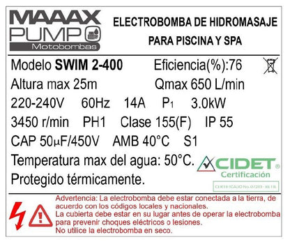 Bomba de Piscina MAAAXPUMP SWIM2-400 l 4 HP l 220V l 2" X 2" l 650 lpm l 25 m