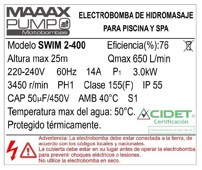 Bomba de Piscina MAAAX PUMP SWIM2-400 l 4 HP l 220V l 2" X 2" l 650 lpm l 25 m