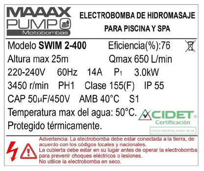 Bomba de Piscina MAAAX PUMP SWIM2-400 l 4 HP l 220V l 2" X 2" l 650 lpm l 25 m