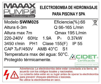 Bomba de Piscina MAAAXPUMP SWIM025 l 1/2 HP l 220V l 1-1/2" X 1-1/2" l 66 - 165 lpm l 3 - 6 m
