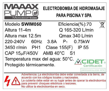 Bomba de Piscina MAAAXPUMP SWIM050 l 1 HP l 220V l 1-1/2" X 1-1/2" l 165 - 320 lpm l 4 - 11 m