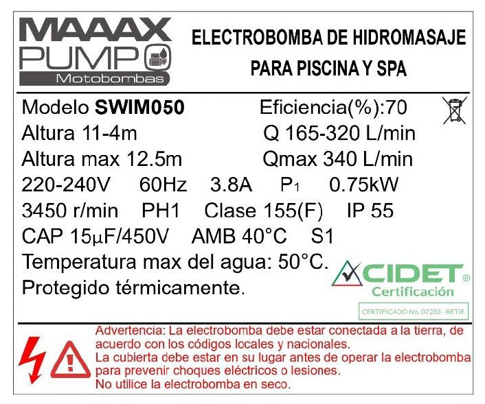Bomba de Piscina MAAAX PUMP SWIM050 l 1 HP l 220V l 1-1/2" X 1-1/2" l 165 - 320 lpm l 4 - 11 m