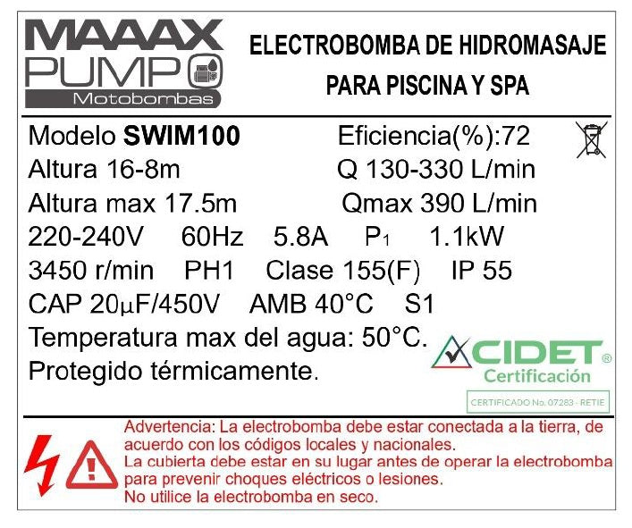 Bomba de Piscina MAAAX PUMP SWIM150 l 2 HP l 220V l 1-1/2" X 1-1/2" l 180 - 420 lpm l 8 - 17 m