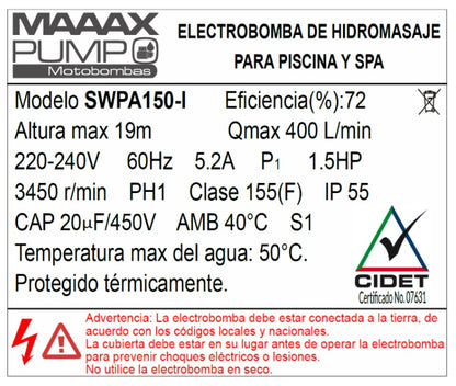 Bomba de Piscina MAAAXPUMP SWPA150 l 1,5 HP l 220V l 2" X 2" l 400 lpm l 19 m