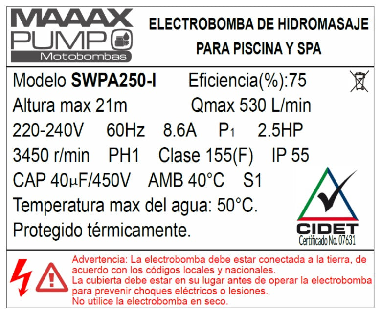 Bomba de Piscina MAAAXPUMP SWPA250 l 2,5 HP l 220V l 2" X 2" l 530 lpm l 21 m