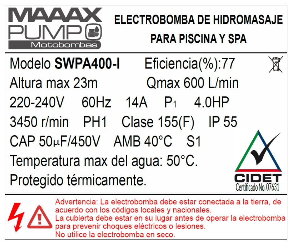 Bomba de Piscina MAAAXPUMP SWPA400 l 4 HP l 220V l 2" X 2" l 600 lpm l 23 m
