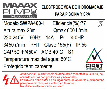 Bomba de Piscina MAAAXPUMP SWPA400 l 4 HP l 220V l 2" X 2" l 600 lpm l 23 m